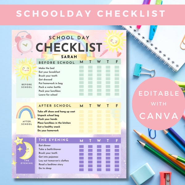 School day Checklist Kids, ADHD Daily School Checklist, Printable Daily Checklist for Kids, Daily Routine Kids Chore Chart AC010-23