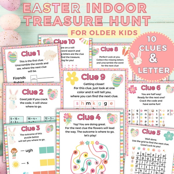 Easter Treasure Hunt for Older Kids, Easter Bunny Scavenger Hunt Indoor for Teens, Printable Easter Egg Hunt Clues Easter Basket