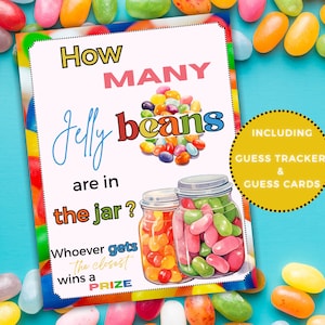 Op de afbeelding: Een printbare spelkaart met een kleurrijke illustratie van jelly beans in een pot. De tekst op de kaart luidt "Hoeveel jelly beans zitten er in de pot? Wie het dichtst bij zit, wint een PRIJS. Inclusief Guess Tracker & Guess Cards."