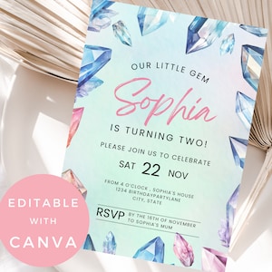 Little Gem Invitation Our Little Gem Invite She is a Gem Birthday Party Cristal Party Invite Gemstone Editable Canva Template AC004-23