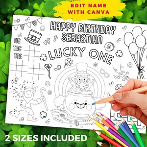 May include: A black and white printable colouring page featuring a leprechaun, pot of gold, rainbow, shamrocks, and the text "Happy Birthday Sebastian Lucky One".
