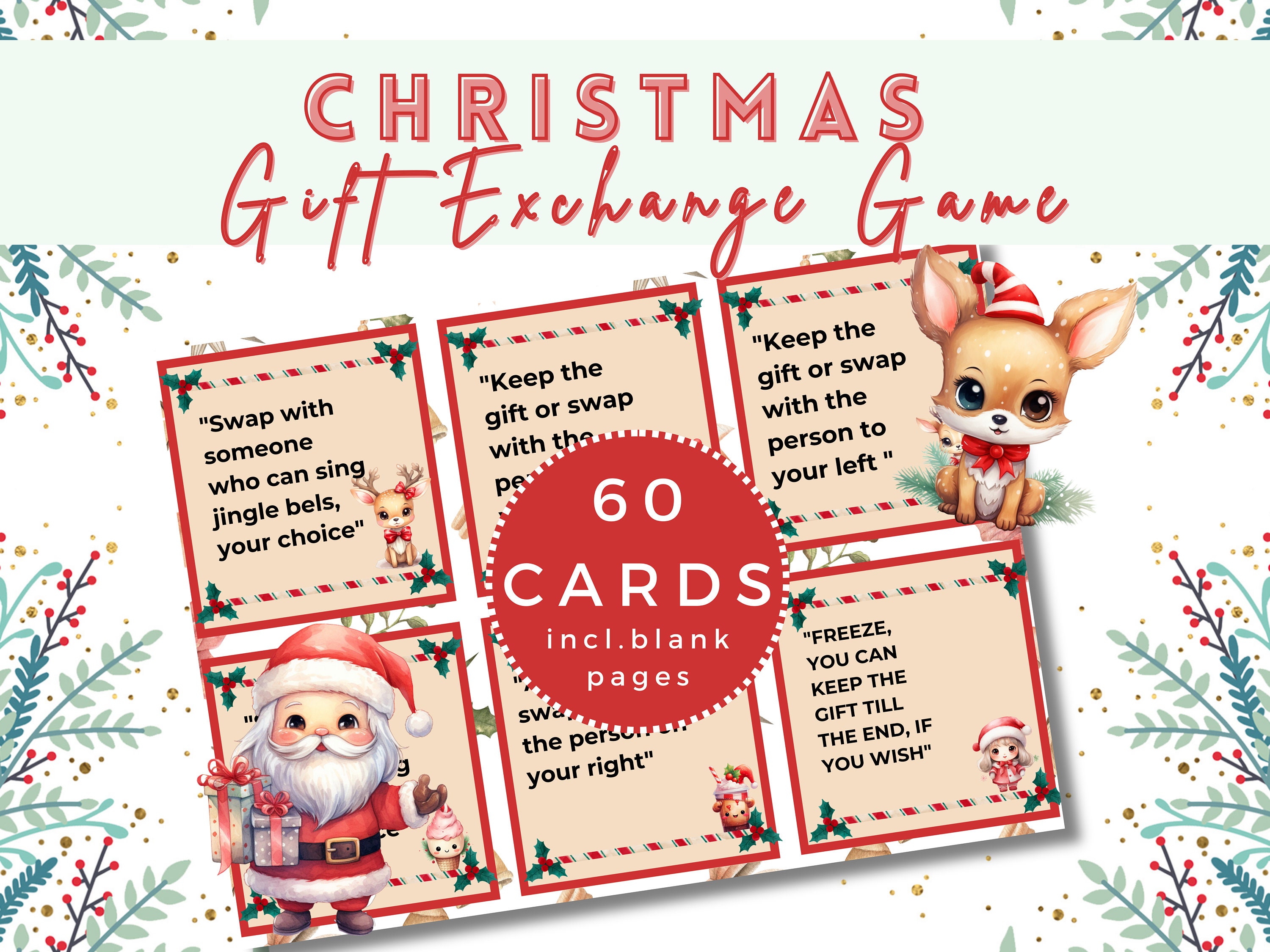 Kerstcadeau-uitwisselingsspel, afdrukbaar kerstspel, kerstuitwisselingscadeauspel, kerstfamiliefeestspelkaarten AC008-23
