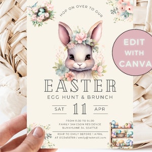 Invito per la caccia alle uova di Pasqua, biglietto stampabile modificabile 5x7, invito alla festa del brunch pasquale, invito alla cena per il pranzo del brunch pasquale per bambini