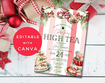 Kerst High Tea Party uitnodiging Kerstfeest uitnodigen thee Par-tea Christmas Tea Party bewerkbare Canva sjabloon afdrukbare A006-23