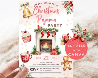 Kerst pyjama uitnodiging voor feest Holiday Party uitnodigen bewerkbare Instant Download Kerst PJ Party afdrukbare Canva sjabloon AC020-23