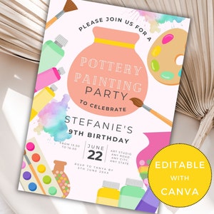 Könnte beinhalten: Eine rosa und weiße Einladung zu einer Töpfermalerei-Party zur Feier von Stefanies 9. Geburtstag. Die Einladung zeigt einen Aquarellhintergrund mit Pinseln, Farbtuben und einer Töpfervase. Der Text auf der Einladung lautet "Bitte schließen Sie sich uns zu einer Töpfermalerei-Party an, um Stefanies 9. Geburtstag zu feiern." Die Einladung enthält auch das Datum und die Uhrzeit der Party, den Ort und RSVP-Informationen. Die Einladung ist mit Canva bearbeitbar.