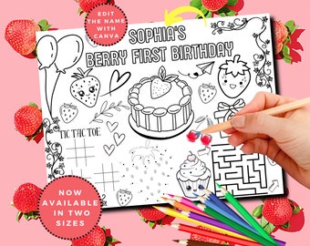 Berry First Birthday Coloring Placemat: Editable Party Favor (PDF)