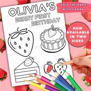 Berry 1st Birthday Coloring Page, Strawberry First Birthday Party Coloring Page, Editable Party Favors, Berry First Birthday Coloring Page