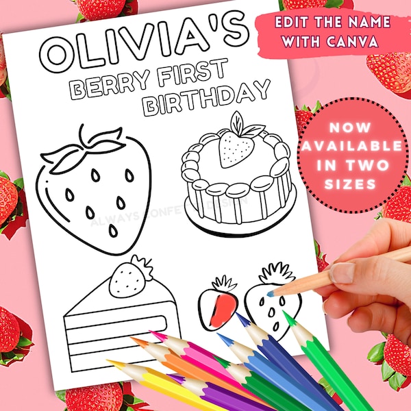 Berry 1st Birthday Coloring Page, Strawberry First Birthday Party Coloring Page, Editable Party Favors, Berry First Birthday Coloring Page