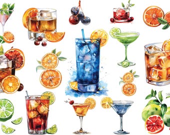 Watercolor Cocktails Clipart Set – 45 PNG Illustrations (Digital Download)