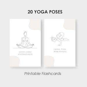 Könnte beinhalten: Zwei druckbare Karteikarten mit Strichzeichnungen von Yoga-Posen. Die erste Karte zeigt eine Person in der Lotus-Pose (Padmasana). Die zweite Karte zeigt eine Person in der Krähen-Pose (Bakasana). Der Text "20 YOGA POSEN" und "Druckbare Karteikarten" ist ebenfalls enthalten.