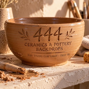 Könnte beinhalten: Eine terrakottafarbene Keramikschale mit horizontalen Rillen und eingraviertem Text 444 CERAMICS & POTTERY BACKDROPS RAW STUDIO CLAY LIGHT TRUE 4K, die auf der Außenseite beidseitig der Zahl 444 mit stilisierten Blattmotiven versehen ist.