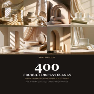 Könnte beinhalten: Eine Sammlung von 400 Produktdisplay-Szenen mit Elementen aus Marmor, Travertin, Stein, Glas und Acryl sowie Bögen und drapiertem Stoff. Das digitale Set enthält quadratische 4K-Bilder in 4096 x 4096px und bietet fünf verschiedene Stile für professionelle Produktfotografie-Hintergründe.