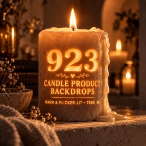 Könnte beinhalten: Eine zylindrische Stumpenkerze mit brennendem Docht und an der Seite herablaufendem Wachs. Die Vorderseite zeigt den Text 923 CANDLE PRODUCT BACKDROPS WARM & FLICKER-LIT • TRUE 4K, der aus der strukturierten, cremeweißen Wachsoberfläche leuchtet.