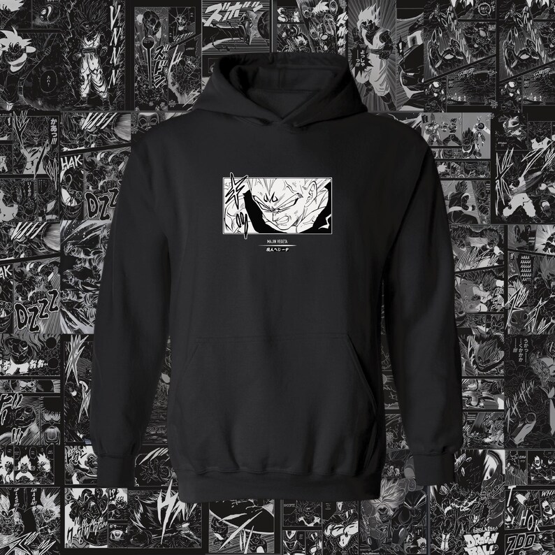 May include: Black hoodie with a white graphic of a manga character with the text "Full Power Vegeta" and "ベジータ" in Japanese.