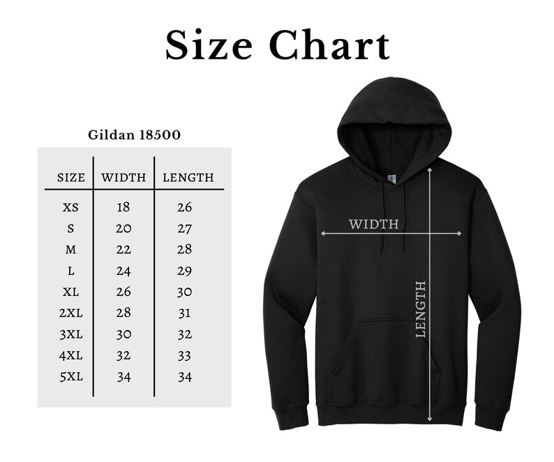 May include: Size chart for Gildan 18500 hoodies, showing width and length measurements in inches for sizes XS to 5XL.