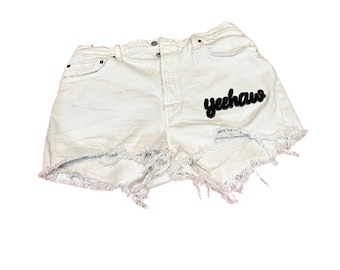 Custom Levi's | Denim Shorts | Unique Artistic Jean Designs | Custom Levi’s | Upcycled Levi’s | Embroidery Patches