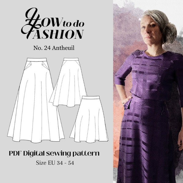 No. 24 Antheuil sewing pattern, simple and easy a-line skirt with pockets and details, includes tutorial and sizes from petite to plus size