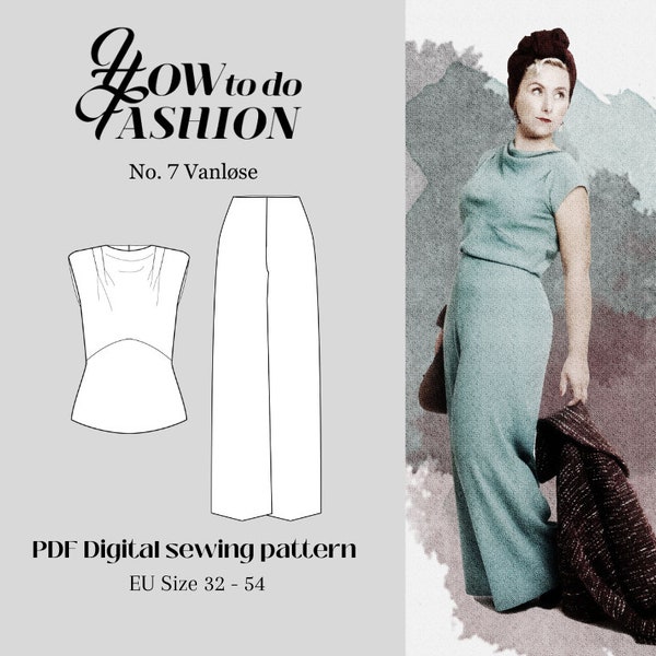 Sewing patterns for wide trousers and a cowl neck blouse, vintage inspired, No. 7 Vanløse