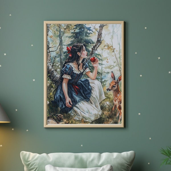 Snow White Poster Wall Decor Fairy Tale Brothers Grimm Art Print Kids Room Decor Nursery Wall Art Watercolor Painting Print Dark Academia