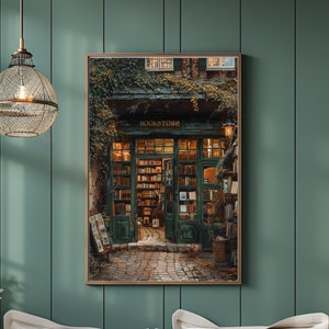 Vintage Style Bookstore Painting Poster Print Poster Booklover Gift Wallart Librarian Book Nerd Illustration Dark Academia Dark Cottagecore