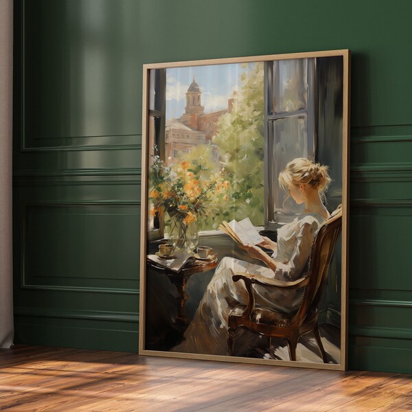 Artprint Reading Woman Vintage Painting Oilcolors Poster Decor Farmhouse Living Room Wall Art Bookish Decor Librarian Gift Cottagecore Style