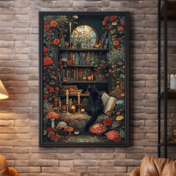 Book Cat Poster Dark Academia Art Print Dark Print Vintage Style Booklover Decor Wall Art Dark Cottagecore Goblincore Gift For Reader