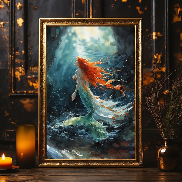 Poster Mermaid Walldecor Under Water Art Print Fairy Tale Illustration Kids Room Decor Painting Print Dark Academia Nursery Wall Art Mermaid