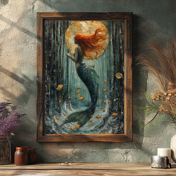 Poster Mermaid Wall Decoration Under Water Art Print Vintage Style Painting Fantasy Kids Room Decor Nursery Illustration Wall Art Gift Kids