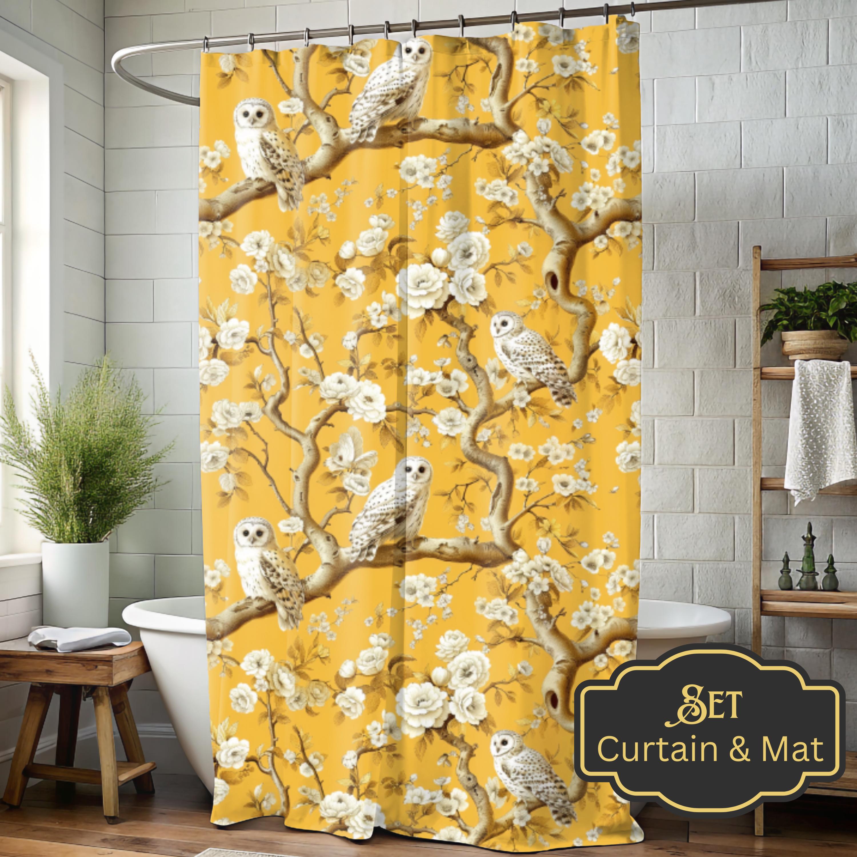 Owl Cottagecore Shower Curtain Toile All Over Print Bath Mat Set Forestcore Style Botanical Chinoise