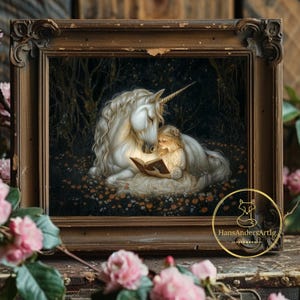 Unicorn Fairy Tale Poster Print Vintage Style Fairy Gift For Dark Academia Wall Art Magic Illustration Dark Cottagecore Kids Room Wall Decor