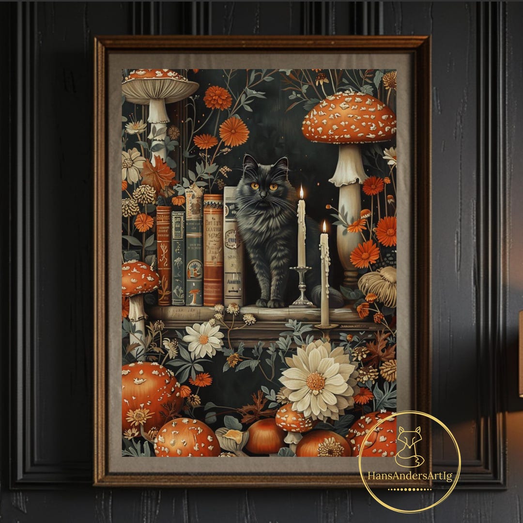 Art Print Cat Book Dark Academia Illustration Whimsical Mushroom ...