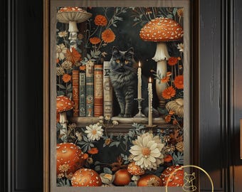 Black Cat Poster Book Lover Wall Art Dark Academia Decor Mushroom Print Cottagecore Library Artwork Witchy Home Decor Reader Gift