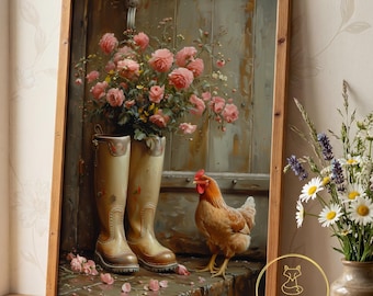 Puede incluir: Una obra de arte enmarcada representa una naturaleza muerta con un par de botas de agua beige llenas de rosas rosas. Una gallina marrón está cerca. El fondo presenta una puerta de madera desgastada.
