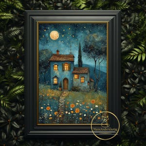 Dark Cottagecore Cottage Poster Vintage Art Print Goblincore Night Moon Blue Hour Decoration Book Lover Wall Art Cozy Decor Librarian Gift