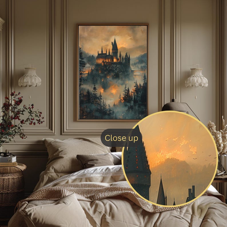Enchanting illustration of a wizard school castle, great for book nerds and fantasy enthusiasts