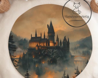May include: A round rug with a dark, misty forest scene featuring a large castle with tall towers and glowing windows. The castle is perched on a rocky cliff with a bridge leading to it. The scene is lit by a warm, orange glow.