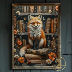 Fox Poster Book Lover Print Vintage Style Art Dark Academia Whimsical Gift Dark Cottagecore Print Woodland Animal Living Room Library Decor