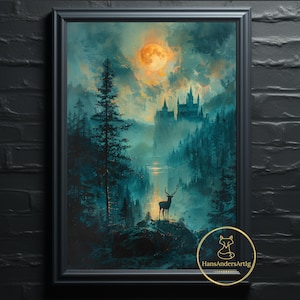Wall Art Deer Poster Wizardry Castle Wall Decor Art Print World of Wizardry Painting Magic School Fantasy Fan Gift Enchanted Guarding Animal