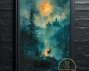 May include: A painting of a dark, mysterious castle with a full moon in the sky. The castle is surrounded by a forest and a river. A deer stands in the foreground, looking towards the castle.