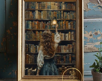 Library Woman Art Print Dark Academia Poster Vintage Style Print Bookish Decor Book Lover Wall Art Dark Cottagecore Goblincore Witchy Gift