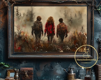 Puede incluir: Una pintura de acuarela de tres figuras caminando por un bosque brumoso. Las figuras llevan mochilas y visten ropa informal. La pintura tiene un ambiente oscuro y misterioso.