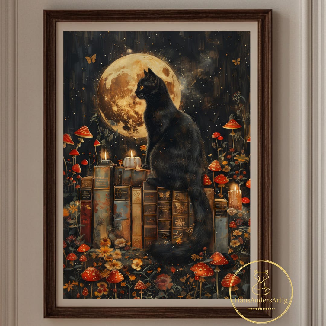 Poster Black Cat Print Dark Academia Art Print Bookish Decor Vintage ...