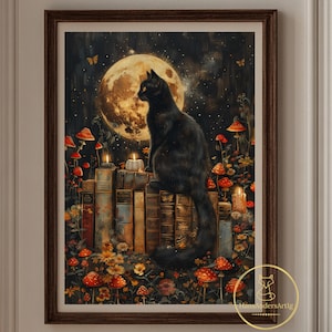 Poster Black Cat Print Dark Academia Art Print Bookish Decor Vintage Style Dark Cottagecore Decor Mushroom Moon Illustration Goblincore Gift
