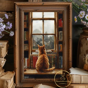 May include: A framed wall art print featuring an orange tabby cat sitting on a wooden ledge, facing a window that overlooks a neighborhood scene. The cat is surrounded by tall bookshelves filled with various books, all encased in a dark wood frame.