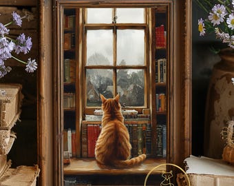Poster per finestra con gatto soriano arancione, accogliente angolo lettura, decorazione murale per amanti dei libri, regalo per biblioteca, stampa in stile cottagecore, illustrazione vintage per la casa.
