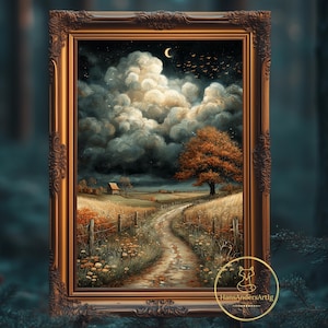 Moody Autumn Landscape Poster Dramatic Clouds Wall Art Dark Cottagecore Print Rustic Country Path Nature Illustration Night Sky Decor