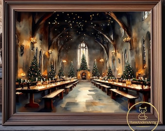 Christmas Castle Wizard School Poster Print Magic Castle Gift For Fantasy Fan Art Dark Academia Holiday Wall Decor Library Witchy Gift