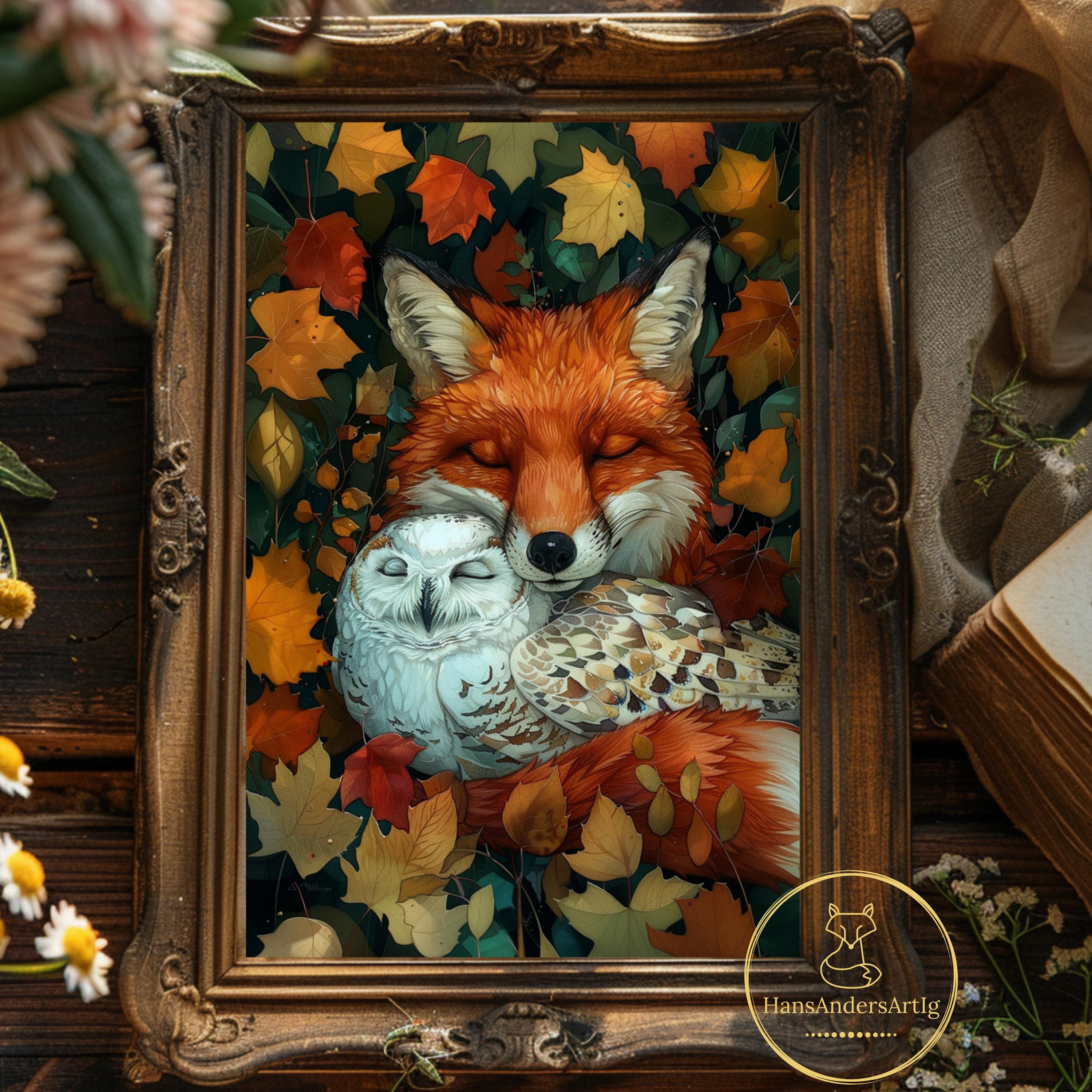 Autumn Poster Fox Owl Wall Art For Fall Lover Dark Cottagecore Cute Gift For Animal Lover Living Roo