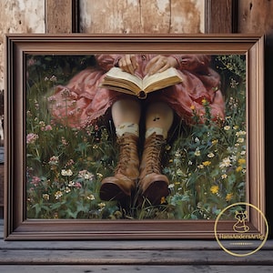 Könnte beinhalten: Ein gerahmtes Kunstwerk zeigt eine Person in einem rosa Kleid, die in einem Feld mit Wildblumen ein Buch liest. Die Person trägt braune Stiefel und gemusterte Socken. Das Kunstwerk befindet sich in einem braunen Holzrahmen und ist mit "HansAndersArtlg" signiert.
